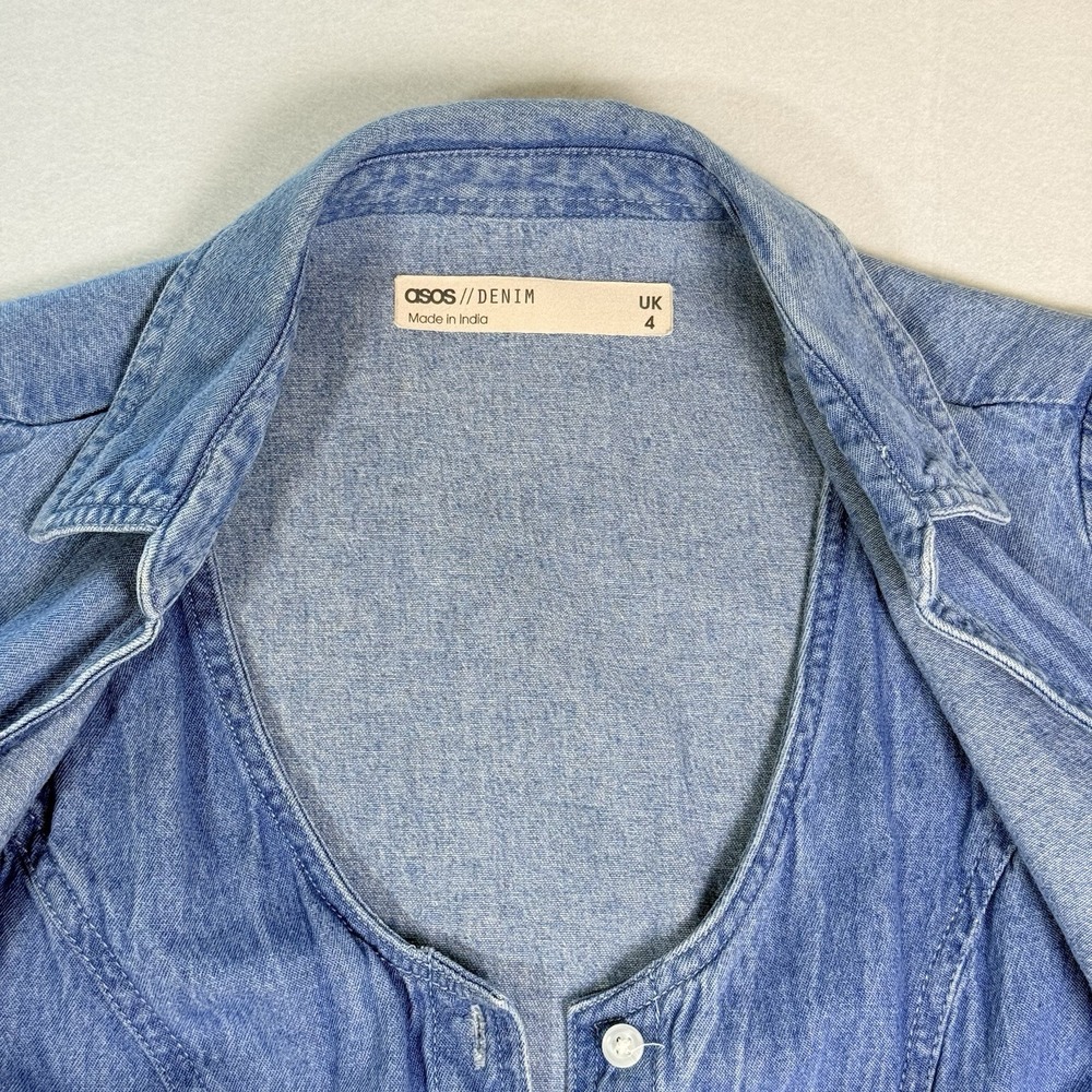ASOS Denim Tie-Front Mini Dress 100% Cotton US size 0 Cottagecore Western Summer - Picture 9 of 16